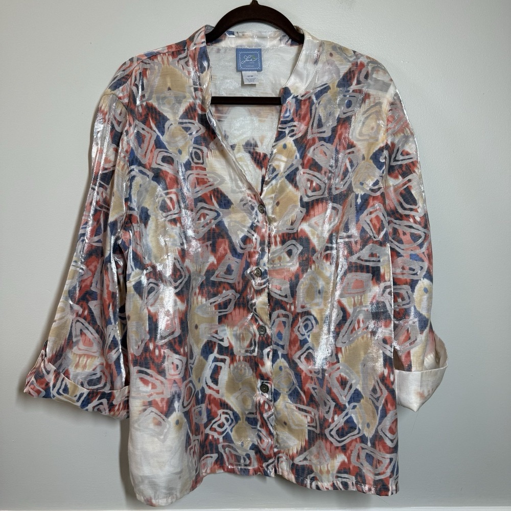 Lark Lane 16W Abstract Metallic Sheer Tunic Blouse Roll Tab Sleeve Boho Top